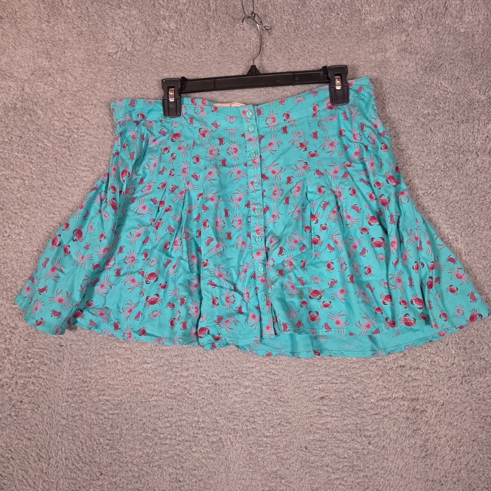 Clock House Mini Skirt Womens 40 Teal Pink Crab Print Button Front Viscose Good